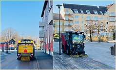 Bildcollage med två bilder som visar gatsopande fordon