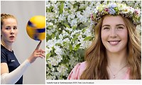 Bildcollage med två bilder där den första visar en kvinna som snurrar en volleyboll på ett finger. Den andra bilden visar samma kvinna med blomsterkrans i håret