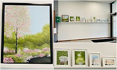 Bildcollage från tavellistutstälning i Centrumhuset foajé. Tre bilder med målningar med motitv från naturen.
