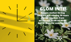 Sommartid börjar gälla natten mellan lördag 29 mars och söndag 30 mars 2025. Bildcollage med illustrerad klocka och en bild med vitsippor