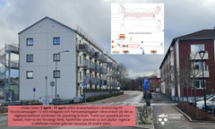 Bild med text som berättar om avstängd gata i Perstorps centrum. Infällt är dessutom är skissbild.