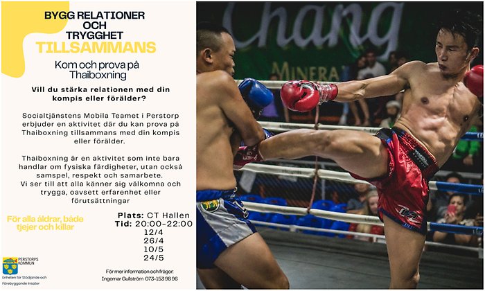 Bildcollage affisch med information om Thaiboxning samt en bild på Thaiboxning där två personer boxas i en ring.