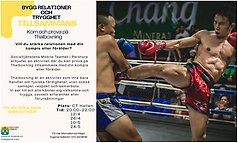 Bildcollage affisch med information om Thaiboxning samt en bild på Thaiboxning där två personer boxas i en ring.