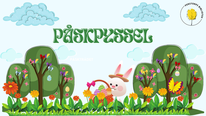 Illustrerad bild med påsktema med texten påskpyssel