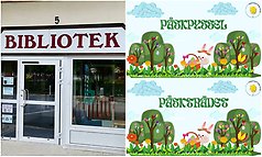 Bildcollage med tre bilder so visar exterör biblioteet samt illusterade bilder med åsktema som berättar om påskpyssel och påskträd