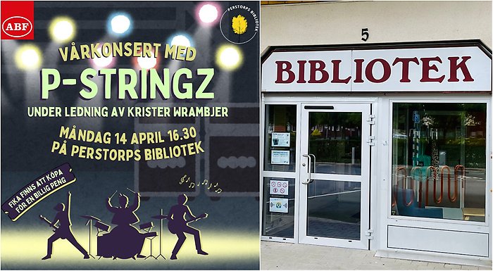 Bildcollage med två bilder där den första är en illustrerad bild med musiktema på vilken det står inbjudan till Vårkonsert 14 april på biblioteket. Bild två visar exteriör biblioteket.