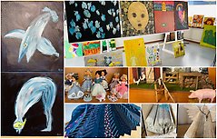 Bildcollage med olika konstverk på utställning Träffpunkten Ybbes hörna Perstorp