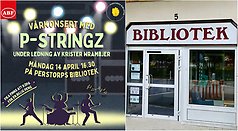 Bildcollage med två bilder där den första är en illustrerad bild med musiktema på vilken det står inbjudan till Vårkonsert 14 april på biblioteket. Bild två visar exteriör biblioteket.
