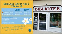 Bildcollage med två bilder där den första är en illustrerad med gul och blå färgtoning som berättar om bibliotekets öppettider under Valborg och första maj.