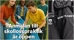 Bildcollage med två bilder där den första visar fyra ungdomar som håller i en plastsäck. med vit text står skrivet att anmälan till skollovspraktik är öppen. Bild två visar logotypen för Perstorps kommun och texten Mobila Teamet.