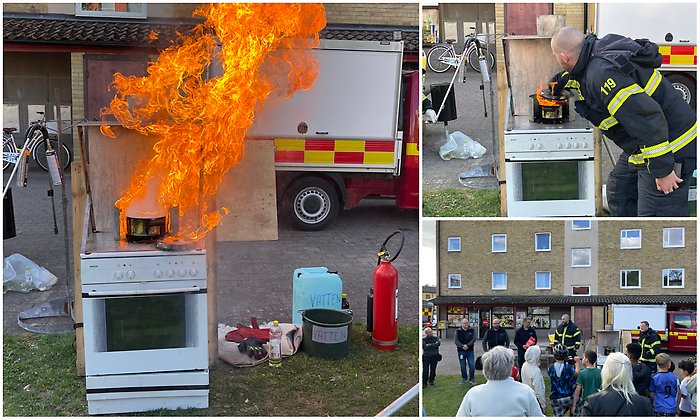 Brand på spis, demonstration med räddningstjänsten. Tre bilder som visar brand i kastrull, hur den släcks med lock och allmänhet som tittar på.