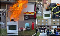 Brand på spis, demonstration med räddningstjänsten. Tre bilder som visar brand i kastrull, hur den släcks med lock och allmänhet som tittar på.