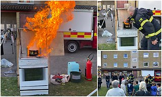 Brand på spis, demonstration med räddningstjänsten. Tre bilder som visar brand i kastrull, hur den släcks med lock och allmänhet som tittar på.