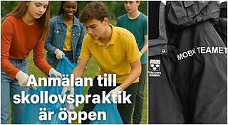 Bildcollage med två bilder där den första visar fyra ungdomar som håller i en plastsäck. med vit text står skrivet att anmälan till skollovspraktik är öppen. Bild två visar logotypen för Perstorps kommun och texten Mobila Teamet.