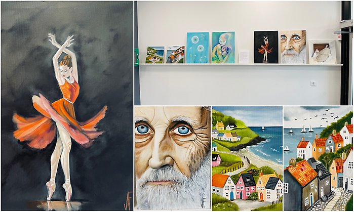 Bildcollage med sju bilder som visar målningar med motiv från djur, männsikor och natur. Målningarna visas på tavellisten i foajén, Centrumhuset.