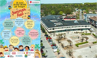 Bildcollage med två bilder som visar affisch med information om arrangemang 12 juni samt drönarbild över torget