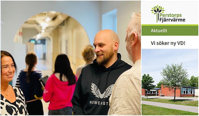 Bildcollage med tre bilder på temat lediga jobb. En bild (den största) visar personal inom skolan, övre bilden till höger visar skärmklipp från Perstorps fjärrvärmes webbplats där de söker ny vd. DEn tredje och mindre bilder ner till höger visar exteriör Norra Lyckanskolan.