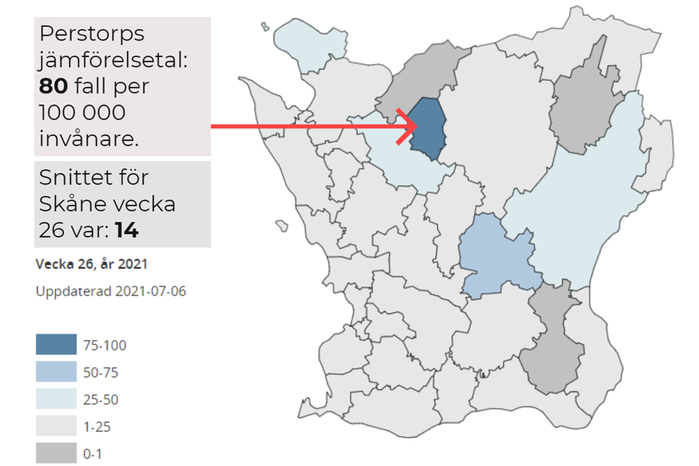 Grafik som visar antal konstaterade fall av covid-19  per hundra tusen invånare i Skåne