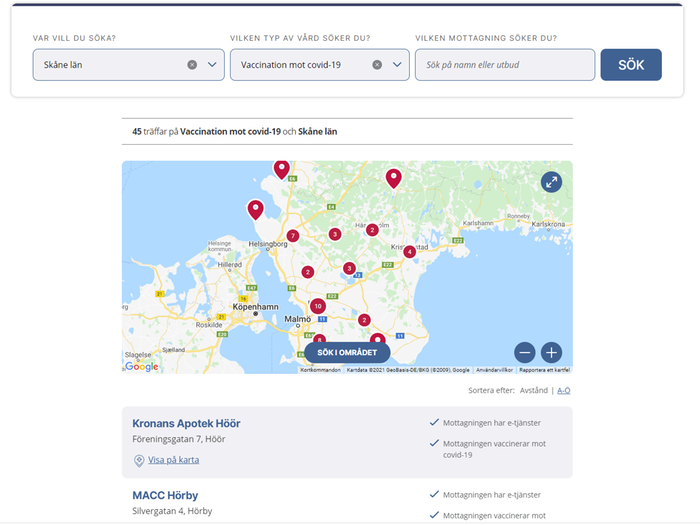 Kartbild alla mottagningar som vaccinerar mot covi-19