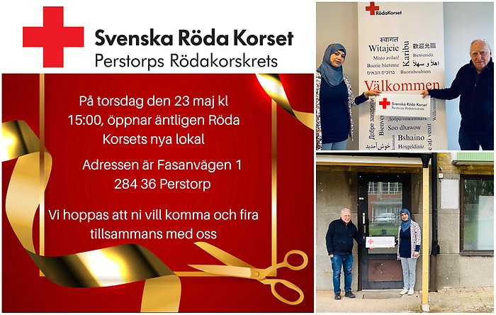 Bildcollage med tre bilder där den första och största är en affisch med information om Röda Korsets invigning avny mötesplats på Fasanvägen 1. De övriga två bilderna visar en man och en kvinna som håller i en Röda korset skylt utanför lokalen och framför en välkomst roll upp. Kvinnan har sjal på huvudet. Mannen är gråhårig.