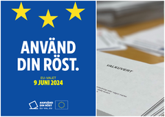 Bildcolage med två bilder där den första visar en blå affisch med gula stjärnor vilket ska illusterar att det är EU val. Men vid text står skrivet att det är val den 9 juni-Bilden brevid visar valkuvert.
