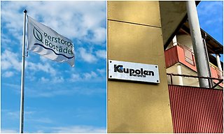 Bildcollage med flagga och fasadskylt