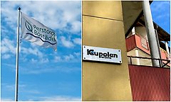 Bildcollage med flagga och fasadskylt