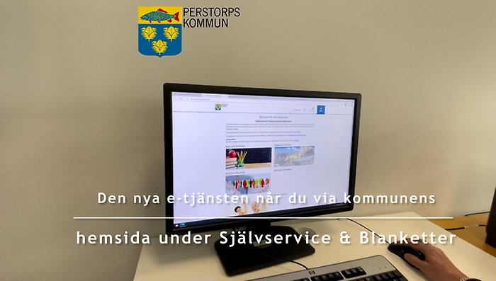 Strat för ny e-tjänst gällande bygglov och andra byg- och anmälningsärenden. Datorskärm och text som säger att e-tjänsten ligger  under Självservice och blanketter.