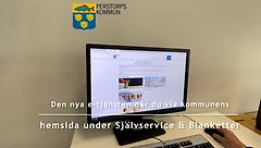 Strat för ny e-tjänst gällande bygglov och andra byg- och anmälningsärenden. Datorskärm och text som säger att e-tjänsten ligger  under Självservice och blanketter.