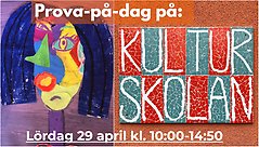 Bildcollage med konstverk i flera nyanser till vänster och i röd-grön mosaisk står Kulturskolan skrivet på bilden till höger