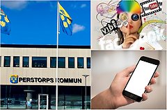 Bildcollage kurs mobil video. Exteriör Centrumhuset, bildcollage video med logotyper för Facebook och YouTube samt en person som håller en mobil i handen