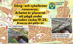 Kartbiod med information om att två gång och cykelbroar i centrala Perstorp renoveras med start vecka 19. Broarna i fråga ses även på varsin mindre bild intill en pil.