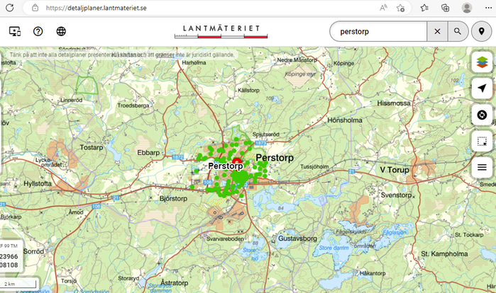 Skärmklipp från Lantmäteriets webbplats för digitala detaljplaner - Perstorp