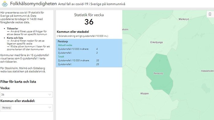 Folkhälsomyndigheten uppdaterar varje torsdag klockan 14 covid-19 statistik för Sverige på kommunnivå. Data uppdateras med föregående veckas data. Klicka på bilden för att komma till sidan för Perstorp