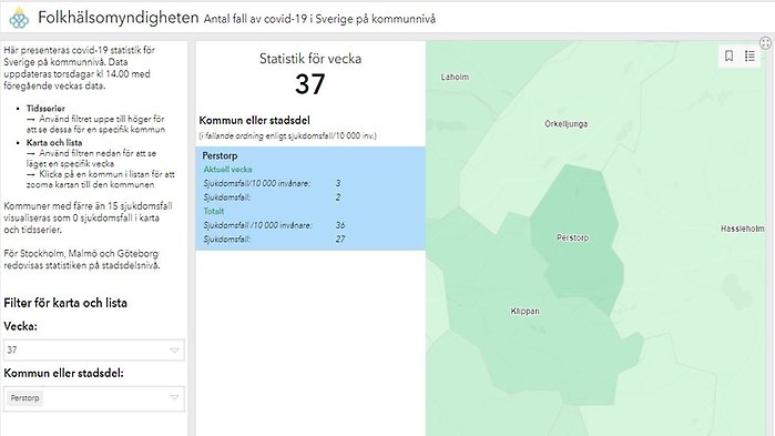 Folkhälsomyndigheten uppdaterar varje torsdag klockan 14 covid-19 statistik för Sverige på kommunnivå. Data uppdateras med föregående veckas data. Klicka på bilden för att komma till sidan för Perstorp