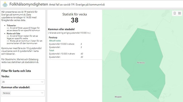 Folkhälsomyndigheten uppdaterar varje torsdag klockan 14 covid-19 statistik för Sverige på kommunnivå. Data uppdateras med föregående veckas data. 