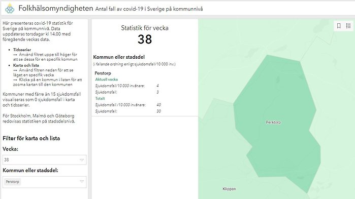 Folkhälsomyndigheten uppdaterar varje torsdag klockan 14 covid-19 statistik för Sverige på kommunnivå. Data uppdateras med föregående veckas data.