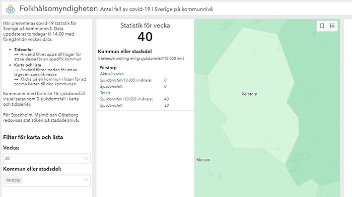 Statistik från Folkhälsomyndigheten över antal smittade per kommun. Perstorp har enligt myndigheten 30 fall totalt.