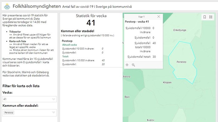 Folkhälsomyndigheten uppdaterar varje torsdag klockan 14 covid-19 statistik för Sverige på kommunnivå. Data uppdateras med föregående veckas data. Klicka på bilden för att komma till sidan för Perstorp.